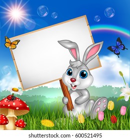 Cartoon rabbit holding blank sign with nature background