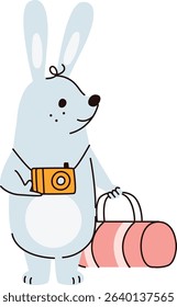 A cartoon rabbit holding a camera and bag in a playful style. The bunny is depicted as a tourist ready for an adventure. Cartoon vector illustration.