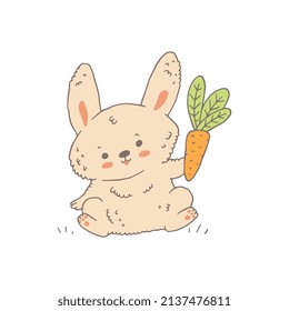 Cartoon rabbit holding carrot, childish vector illustration isolated on white background. Cute Easter bunny with vegetable, spring holidays concept.