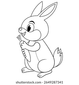 Cartoon rabbit holding carrot with smile line art