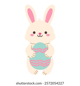 A cartoon rabbit holding an Easter egg. The rabbit is smiling and he is happy. The egg is blue and pink, and it is the main focus of the image