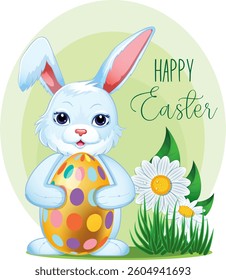 A cartoon rabbit holding an Easter egg. The rabbit is smiling and the egg is colorful. The background has green grass and flowers