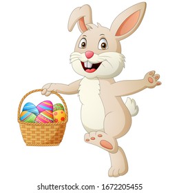 Cartoon rabbit holding easter eggs in basket . Vector illustration