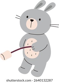 A cartoon rabbit holding a marshmallow on a stick in a playful pose. The bunny character is depicted with simple lines and soft features. Cartoon vector illustration.