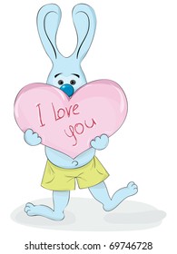 cartoon rabbit holding in the paws of the heart with the inscription "I love you"