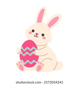 A cartoon rabbit is holding a pink and blue egg. The rabbit is smiling and he is happy