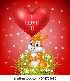 Cartoon rabbit holding red heart balloon