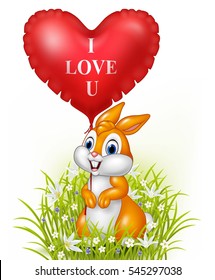 Cartoon rabbit holding red heart balloon