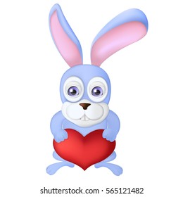 Cartoon rabbit holding red heart balloon. Hare with heart. cartoon character