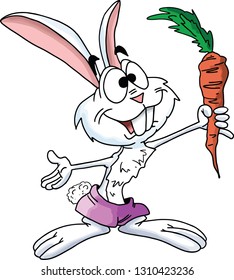 Cartoon rabbit holding a ripe carrot in his hands vector illustration