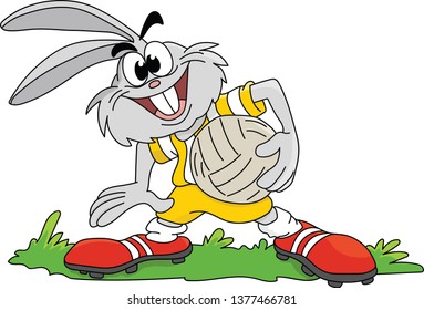 Cartoon rabbit holding a soccer ball in his hands ready for the game vector illustration
