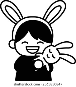 A cartoon rabbit holding a stuffed rabbit. Scene is happy and playful