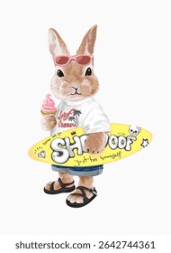 desenho animado coelho segurando prancha de surfe gráfico vetor ilustração