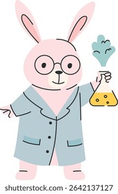 A cartoon rabbit in a lab coat holds a bubbling flask in a playful style. The bunny scientist is depicted with glasses and an experimental beaker. Cartoon vector illustration.