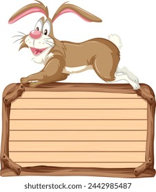Cartoon rabbit leaning on a blank wooden sign.