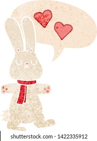 conejo de dibujos animados enamorado de la burbuja del habla con un estilo retro angustiado y texturado