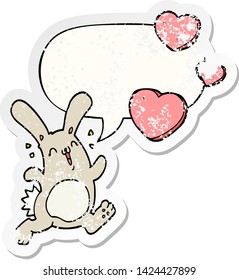 cartoon rabbit in love with speech bubble distressed distressed old sticker