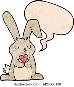 conejo de dibujos animados enamorado de la burbuja del habla en estilo de textura retro
