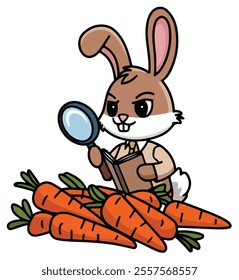  cartoon rabbit with a magnifying glass, sitting among many carrots, holding a book.