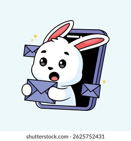 Cartoon Rabbit with Mail Envelopes Notification