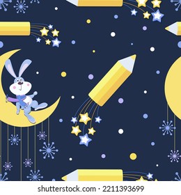 Cartoon rabbit. Month. Symbol of the new year. Rabbit sits on moon with snowflakes. Seamless pattern