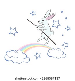 Cartoon rabbit on a white background walks on a rainbow