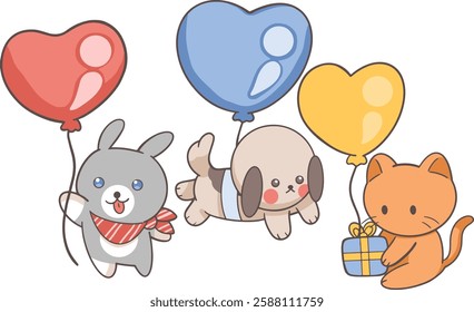 cartoon rabbit orange dog and cat Holding Heart Shaped Colorful Balloons Clipart