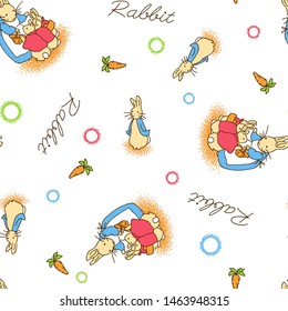 Cartoon rabbit pattern images, carrots and colorful circles as a background