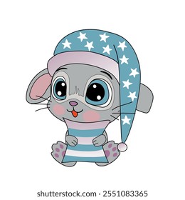 Cartoon rabbit with a pillow wearing a sleeping cap isolated on a white background. Vector illustration.
