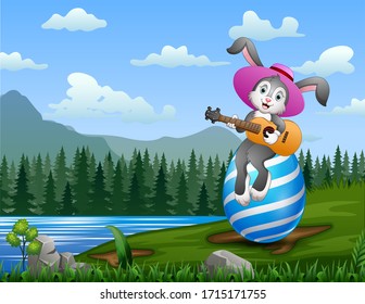 Cartoon rabbit playing guitar on a big Easter egg