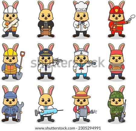 Cartoon Rabbit in professional uniform. Vector set of Rabbit different professions. Vector characters with jobs different occupation. Different jobs professionals. Isolated vector icons set