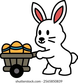 A cartoon rabbit is pulling a cart full of eggs. The rabbit is smiling and he is happy. The scene is lighthearted and playful, with the rabbit being the main focus of the image