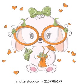 Cartoon rabbit and pumpkin cocktail  Vector illustration Halloween animal  Cute little illustration Halloween bunny for kids  fairy tales  covers  baby shower  textile t  shirt  baby book 