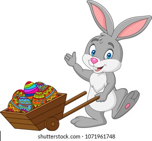 Cartoon rabbit pushing cart full of Easter eggs