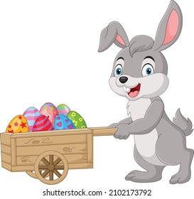 Cartoon rabbit pushing cart full of Easter eggs