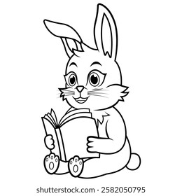 Cartoon rabbit reading a book line art