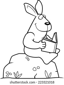 A cartoon rabbit reading a book on a rock.