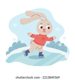 Cartoon rabbit in a red sweater skating on ice. Cute christmas seasonal vector illustration in flat cartoon style