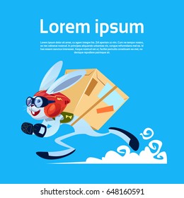 Cartoon Rabbit Running Carry Boxes Fast Delivery Service Banner With Copy Space Flat Vector Illustration
