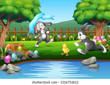 Cartoon rabbit running and playing on the nature