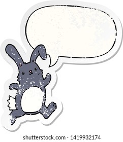 cartoon rabbit running with speech bubble distressed distressed old sticker