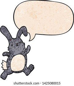 cartoon rabbit running with speech bubble in retro texture style