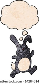 cartoon rabbit running with thought bubble in grunge texture style