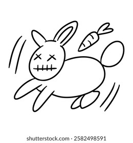 A cartoon rabbit runs with a carrot, line art style. Playful, energetic, and whimsical. Perfect for children's designs, Easter, or spring themes