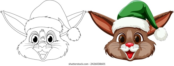 Cartoon rabbit with Santa hat and red nose.