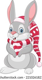 Cartoon rabbit in a santa hat and scarf