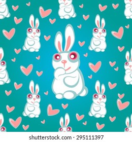 Cartoon rabbit seamless pattern on a blue background.