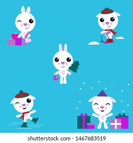 Cartoon rabbit. The set consists of a bunny who skate and ski, makes purchases, celebrates a birthday, celebrates the new year. Vector illustration