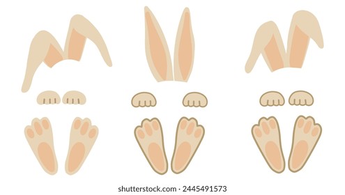 Conjunto de conejo de dibujos animados. Lindos Elementos de conejo con patas, orejas, huella. Conejitos divertidos de Pascua sin caras. El estilo infantil comparte colección. Ilustración vectorial aislada sobre fondo blanco