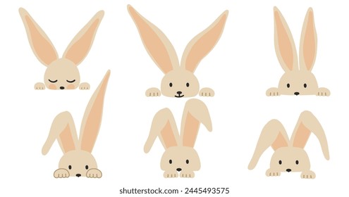 Conjunto de conejo de dibujos animados. Lindos Elementos de conejito con patas, orejas y caras. Pascua divertidos conejitos bozal y cabeza. El estilo infantil comparte colección. Ilustración vectorial aislada sobre fondo blanco